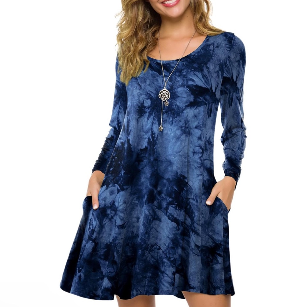 ZENNILO Plus Size Casual Boho Blue Marble Long Sleeve Dress Size Medium